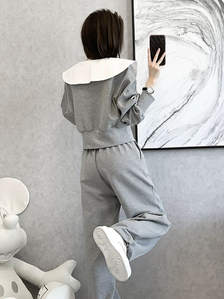 European casual fashion sports age-reducing plus velvet sweatshirt wide-leg pants two-piece suit for women spring and autumn 2024 new style foreign style