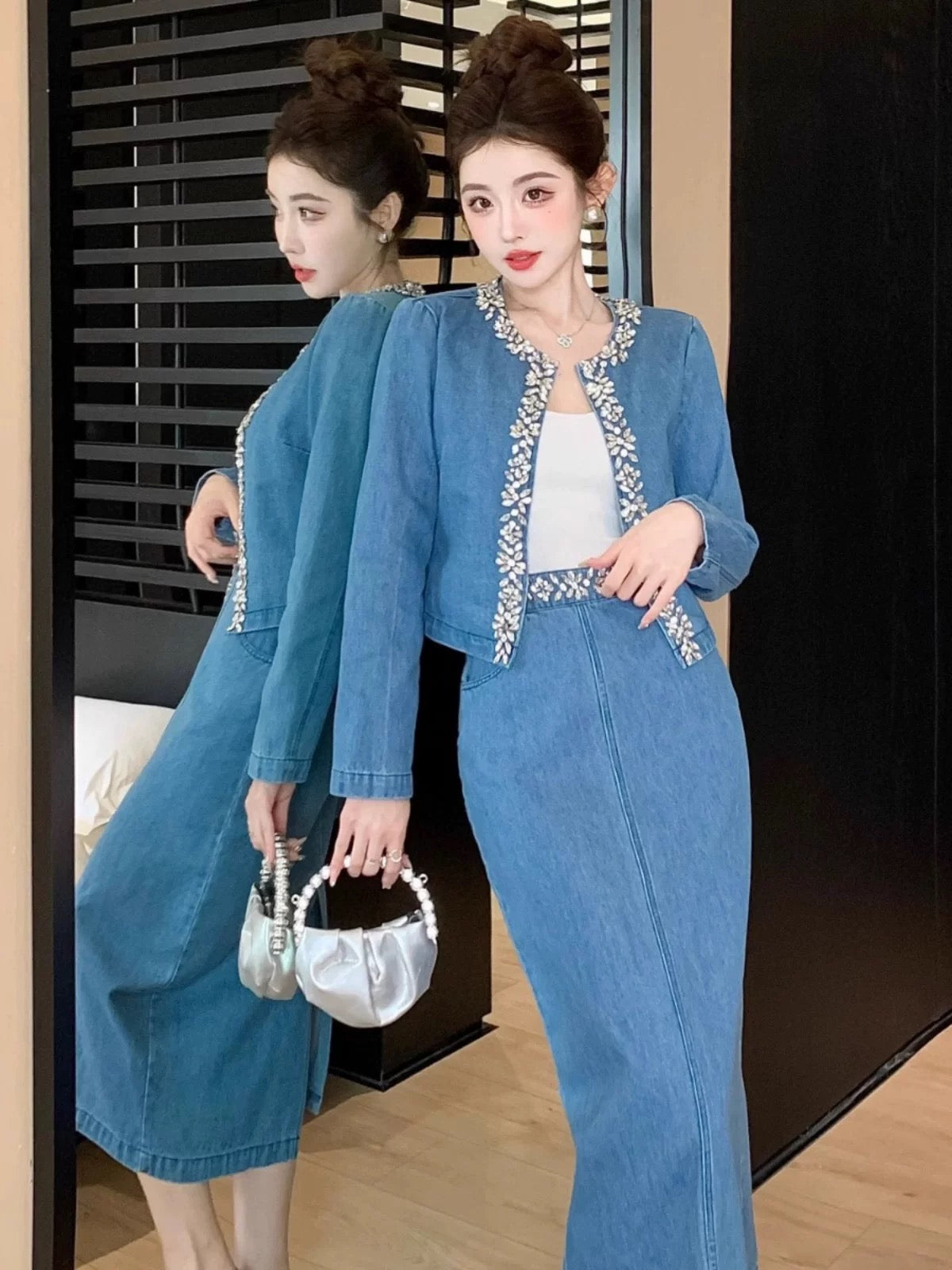 Shenzhen Nanyou niche designer heavy-duty studded denim suit versatile short coat high-waisted mid-length skirt