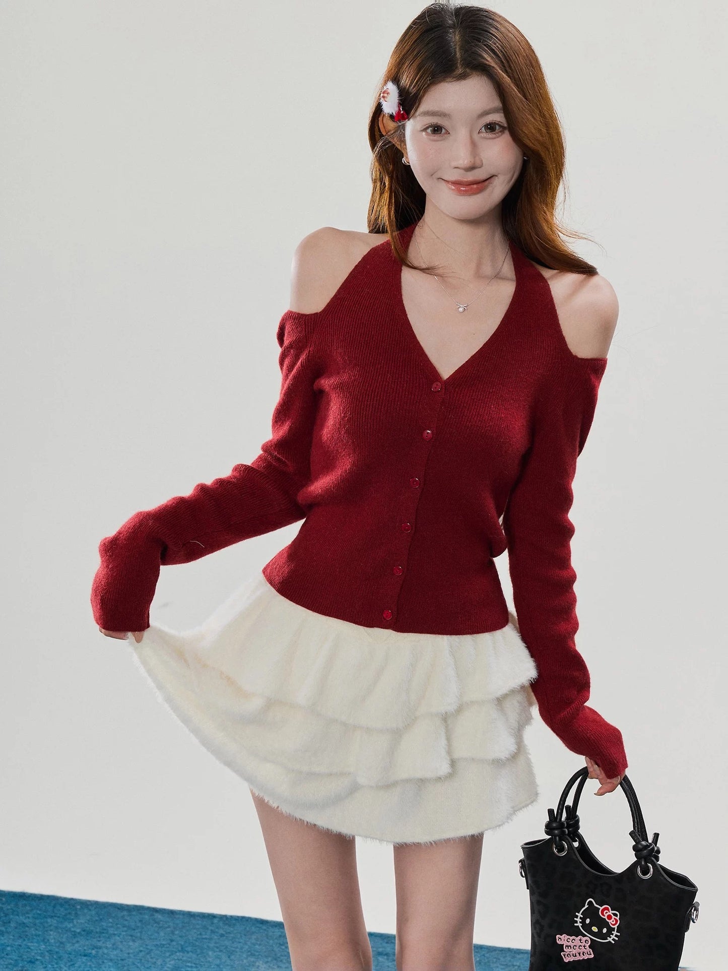 Sweety Red Halter Neck Off-Shoulder Long-Sleeved Knit Top for Women, Perfect for Autumn, Winter, and New Year