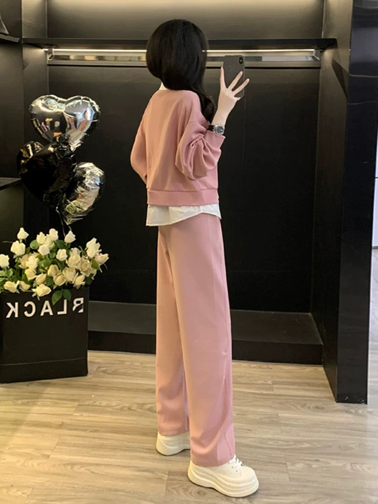 Pink high-end sports and leisure suit for women, spring and autumn fashion, fake two-piece sweatshirt, wide-leg trousers, two-piece set
