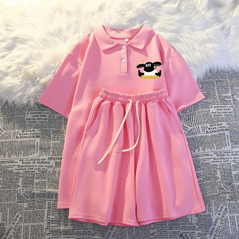 Summer polo collar short-sleeved three-quarter shorts two-piece suit for women thin casual student running sportswear for small people