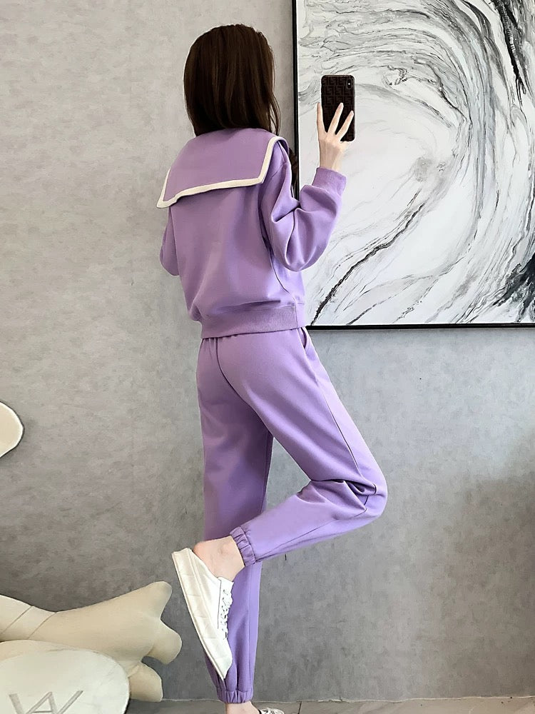 Purple casual sports suit for women, spring and autumn fashionable style 2024 new age-reducing plus velvet thickened sweatshirt two-piece set