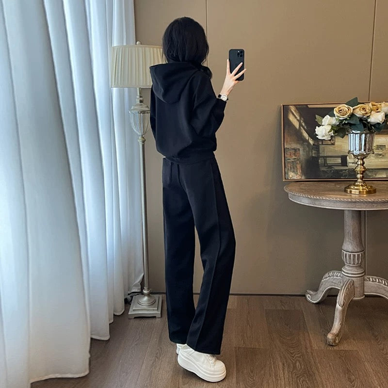 Black sports and leisure suit for women spring and autumn 2024 new fashion age-reducing style hooded sweatshirt and trousers two-piece set