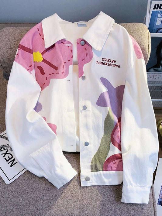 Hong Kong style design niche flower denim jacket for women 2024 autumn new Harajuku style casual loose jacket