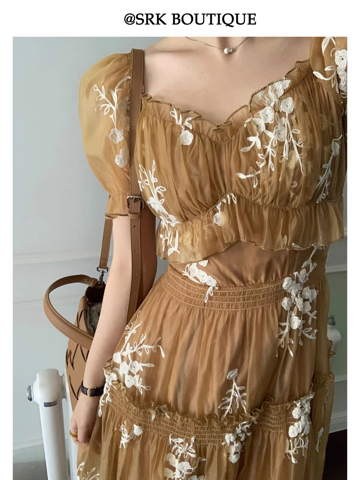 SRK French Vintage-Style Dress: Square Neck, Premium Heavy Embroidery, Waist-Cinching A-Line Silhouette with Full Skirt – New Long Dress