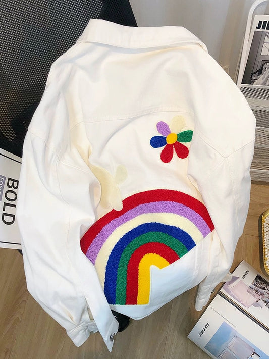 European three-dimensional embroidered rainbow denim jacket for women 2024 new loose niche mid-length white design