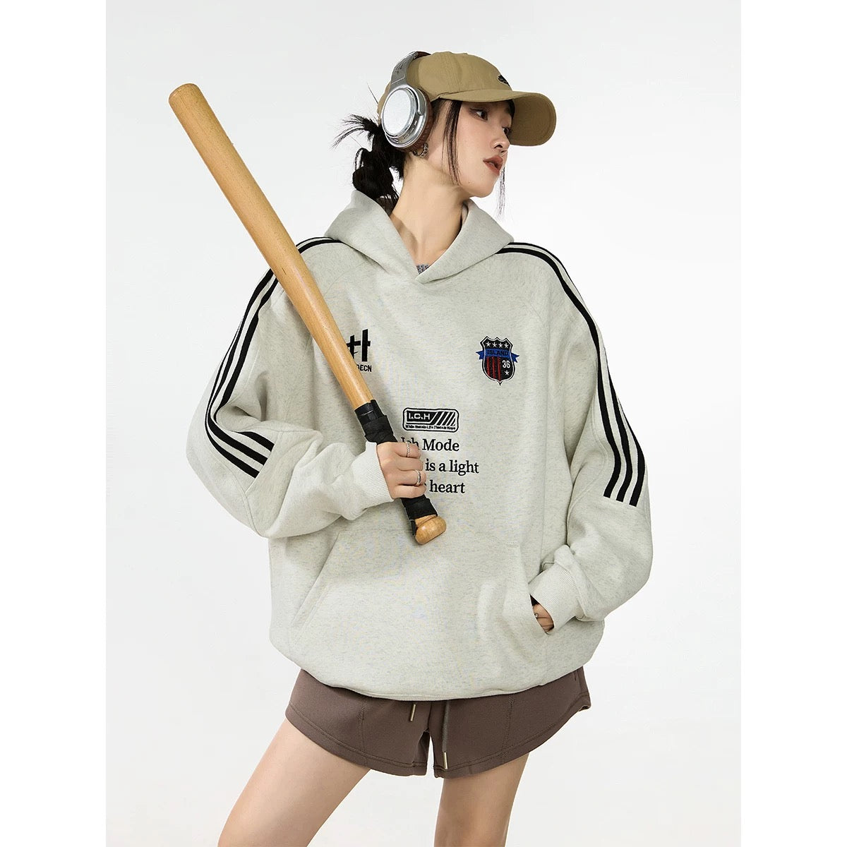 ICH MODE texture casual high street sports striped American hooded sweatshirt women's autumn new niche trend hoodie