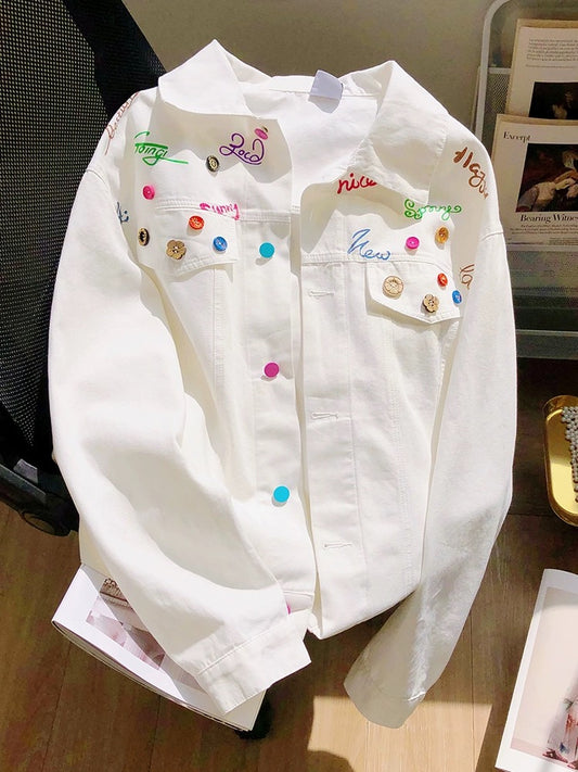 American white three-dimensional decorative denim jacket for women 2024 spring and autumn new niche high-end lapel motorcycle jacket...