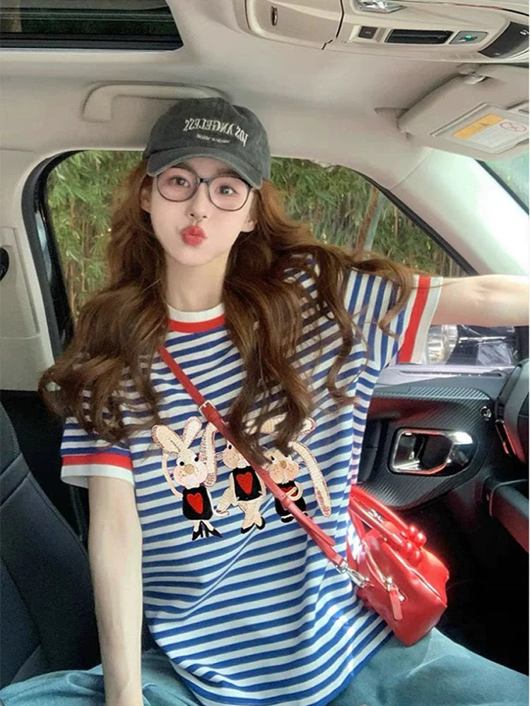 Hong Kong style retro cartoon rabbit print contrast color short-sleeved print female 2025 summer new loose striped shirt