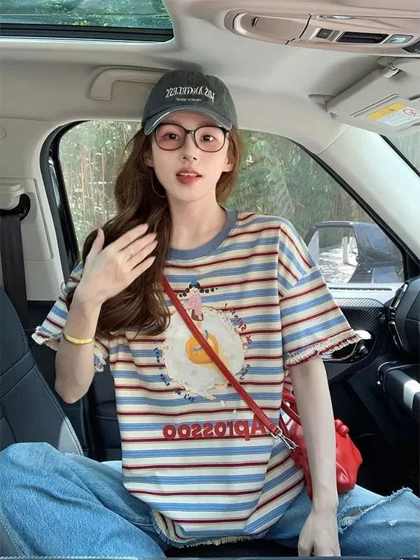 Korean pure cotton cartoon print short-sleeved T-shirt for women 2025 summer new design loose niche short-sleeved T-shirt trend