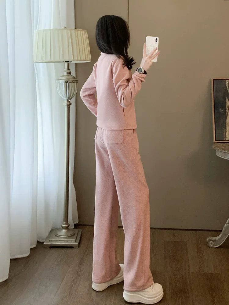 Pink sports casual suit for women, autumn and winter fashionable temperament, high-end sense, slim sweatshirt and pants two-piece set