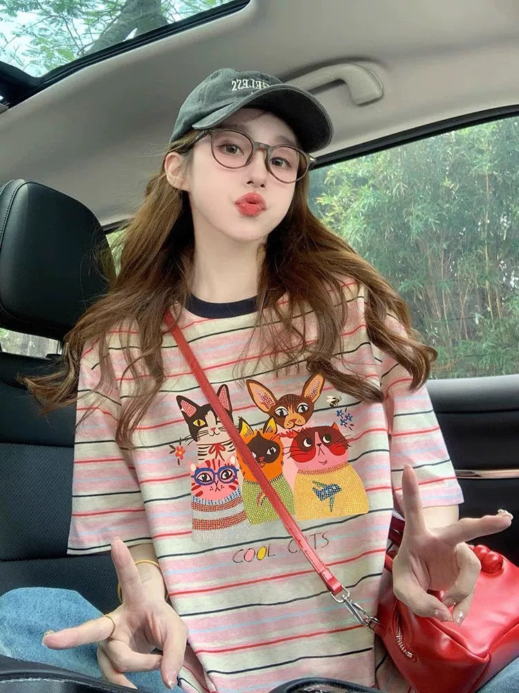 American retro pure cotton printed short-sleeved T-shirt for women 2025 summer new round neck loose slim trendy short-sleeved T-shirt