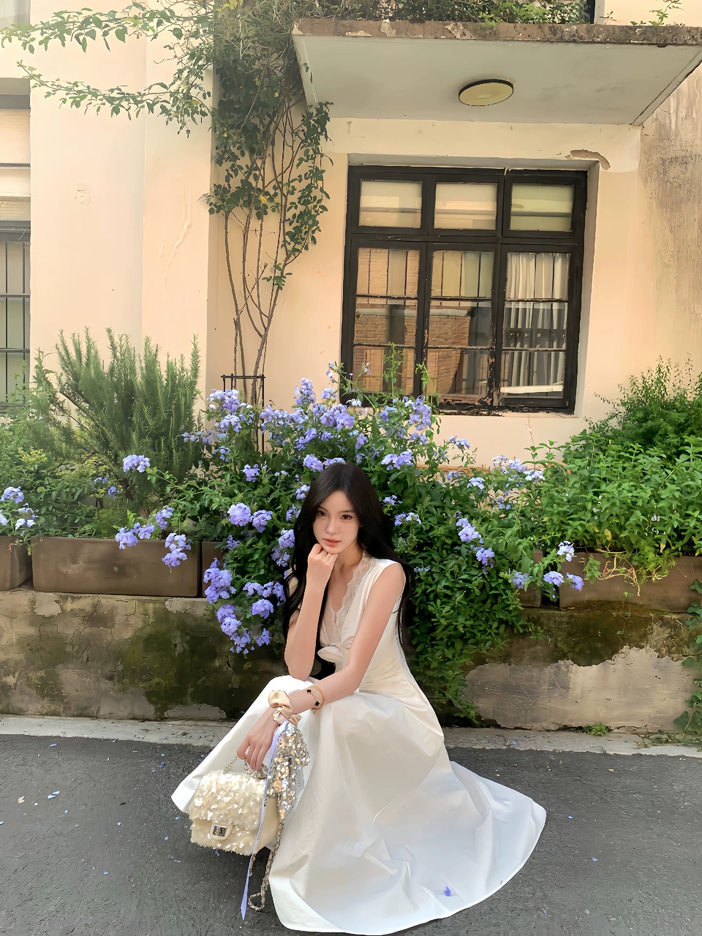 OYFF Fanfan is here! 【Glass Sand】French V-neck Lace-trimmed Sleeveless Dress for Women, Elegant Long Dress