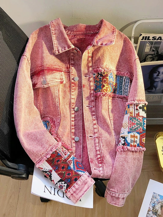 American retro pink spliced denim jacket for women 2024 new loose design niche work jacket top