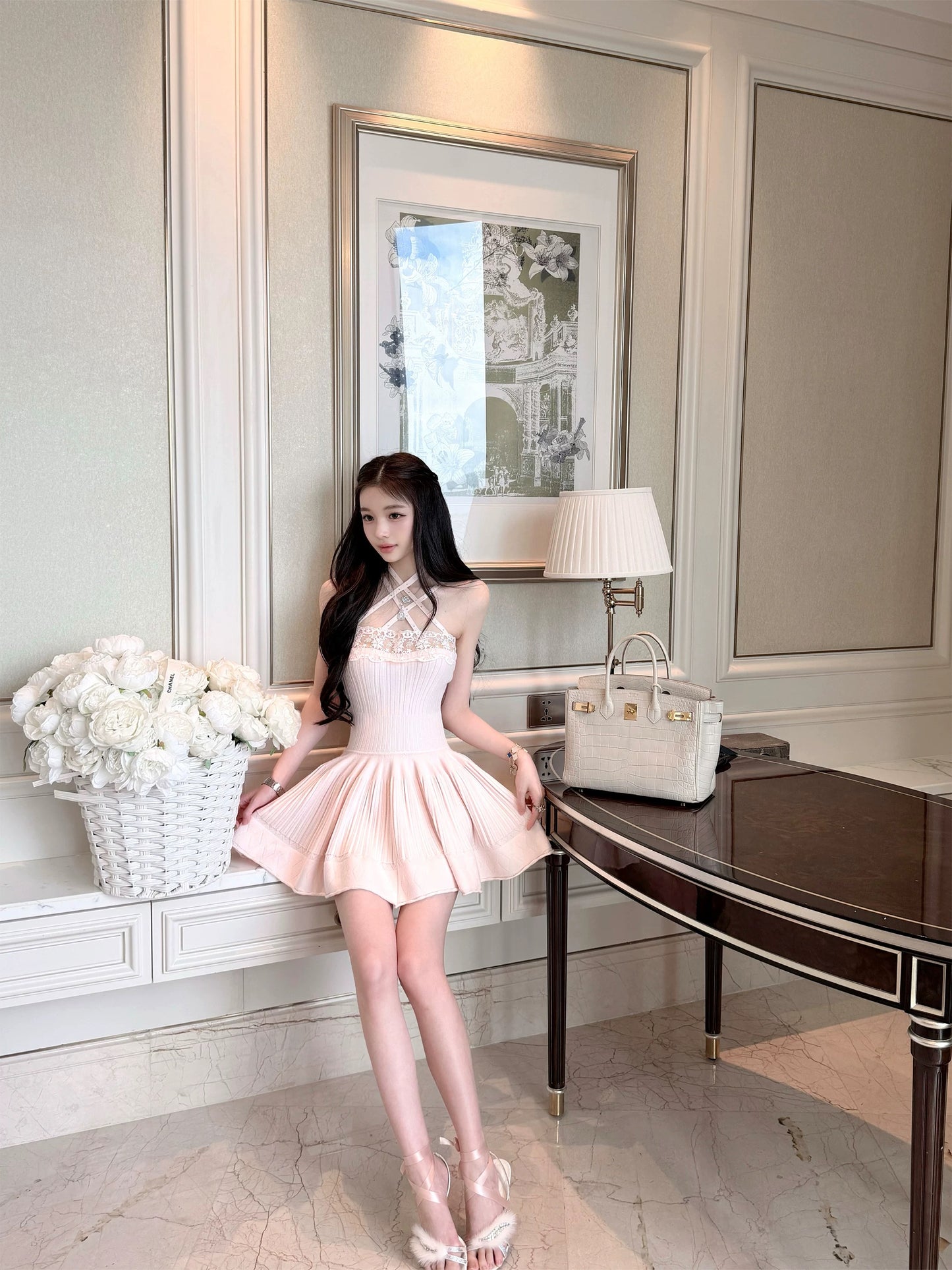 "First Love" Pink Ballet-Style Rhinestone-Embellished Sweet Halter-Neck Lace Dress
