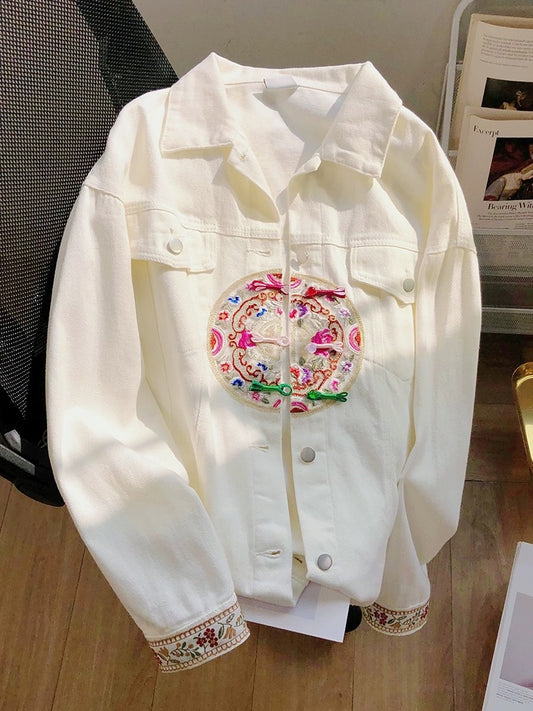 Tang suit Chinese style women's high-end embroidered white denim jacket spring loose long-sleeved button-up top