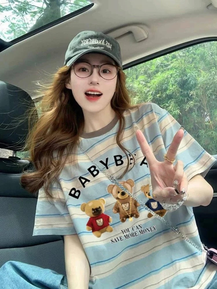 Retro blue striped bear print short-sleeved women's 2025 summer hot-selling Korean style straight shoulder loose contrast color T-shirt women