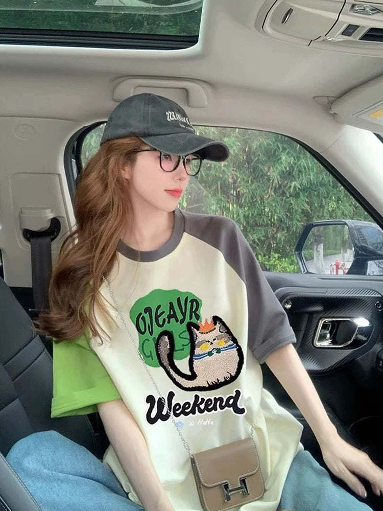 American cartoon contrast color T-shirt for women 2025 summer new loose slim versatile college super good-looking short-sleeved T-shirt