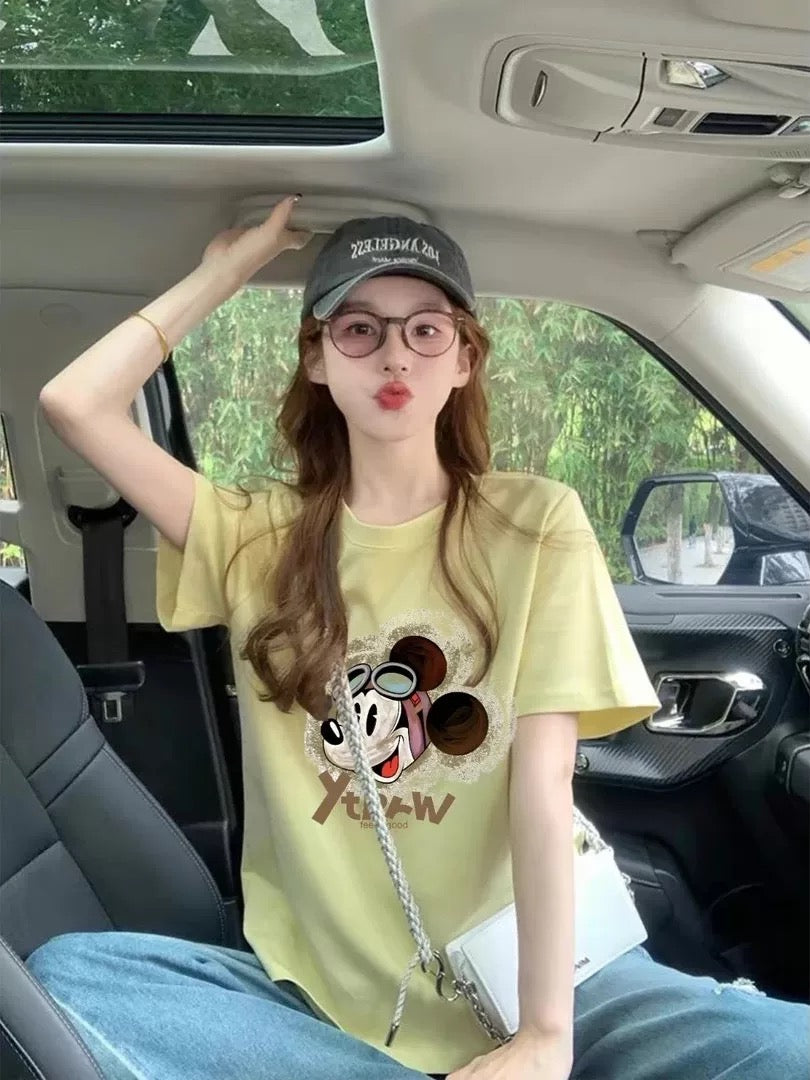 American retro Mickey print short-sleeved T-shirt for women 2025 summer new style straight shoulder loose short-sleeved T-shirt for women