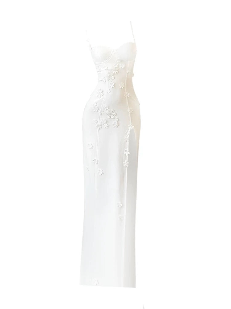 GAOSITONG Thousand Gold Sense Three-Dimensional Flower Suspender Dress Women Spring 2025 Waist Slit Dress Long Skirt