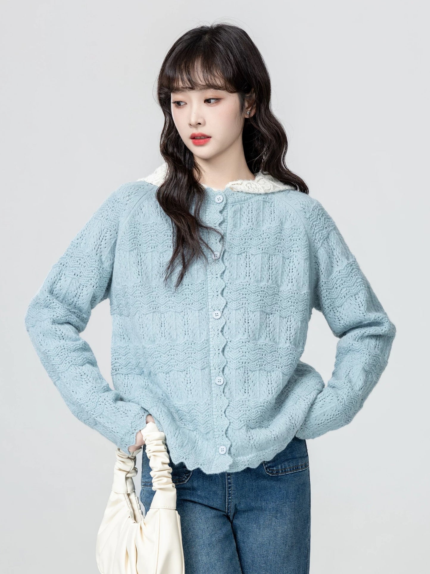 Blue Crochet Sweater Jacket Women Spring Autumn 2025 Autumn New Design Loose Knitted Cardigan Long Sleeve Top
