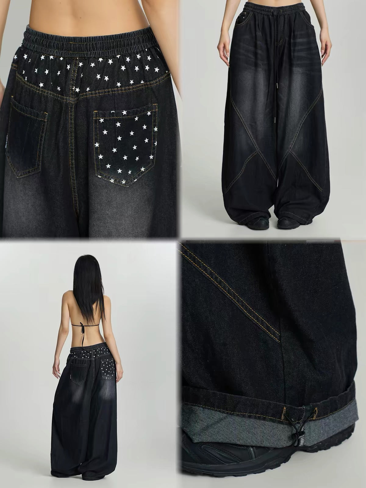 CBXLAB Streetwear Loose-Fit Washed Drawstring Pants – Hip-Hop Retro Distressed Star-Patchwork Denim Jeans