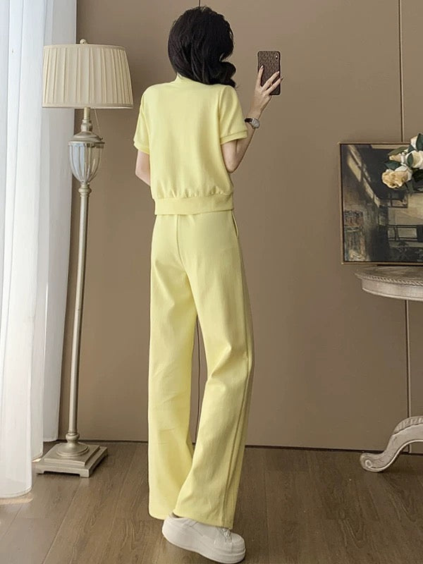 Youthful and energetic casual sports suit for women 2025 summer stylish and age-reducing yellow short-sleeved top wide-leg pants two-piece suit
