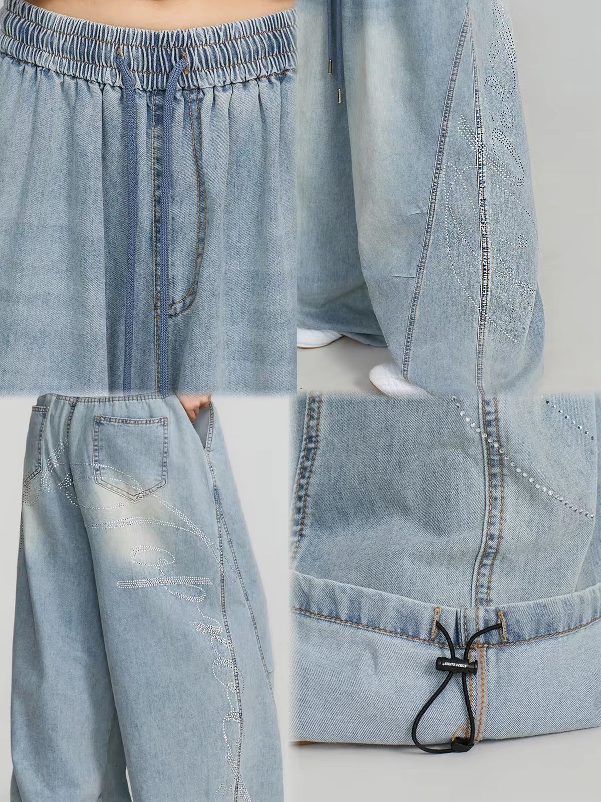CBXLAB Streetwear Curved Rhinestone Detail "Sweet & Spicy" Style Jeans – Slim-Fit, Slight Flare, Sweet-meets-Cool (Jazz/Lyrical Dance Style)