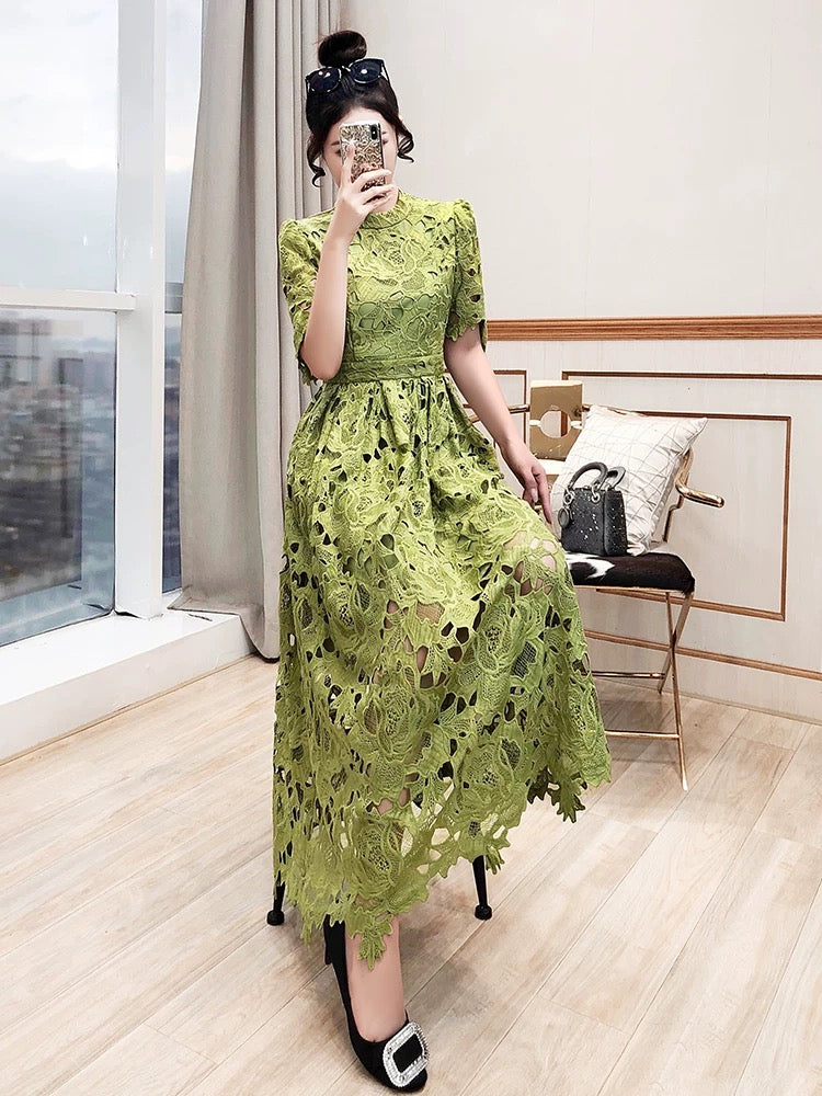 Embroidered skirt women's 2024 new summer long skirt beach skirt slim temperament hollow lace green dress