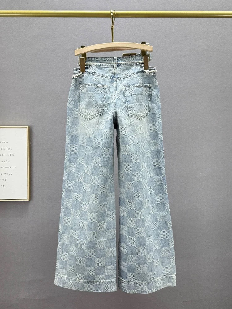 Plaid denim wide-leg pants for women 2025 spring new style high waist loose slim European goods hot diamond hollow plus length pants