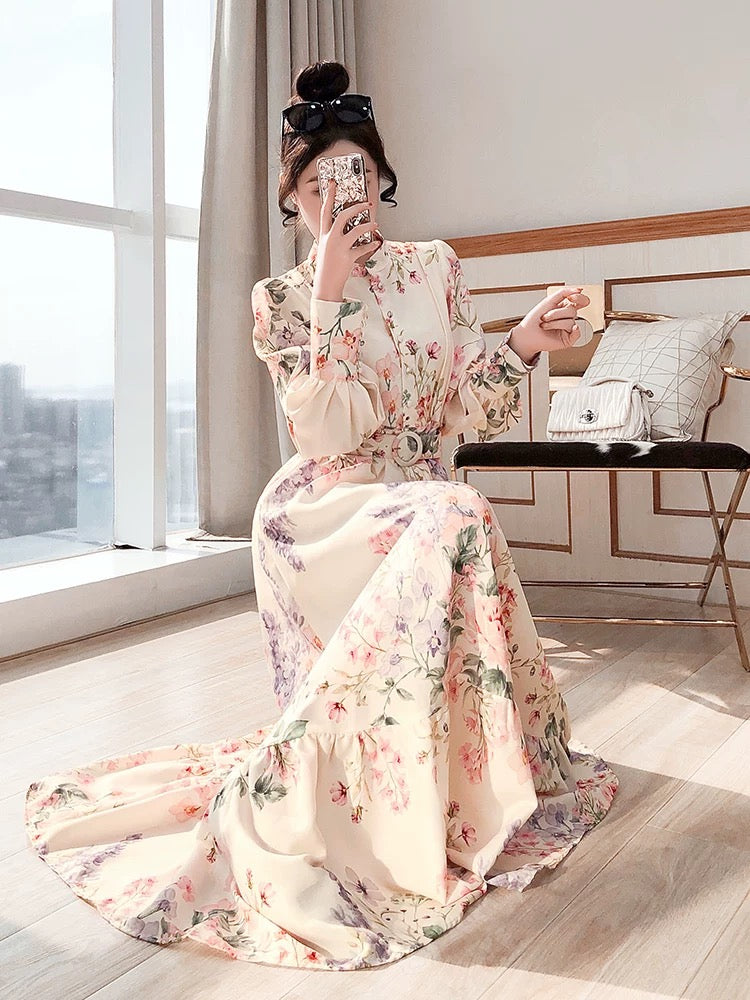 Floral Skirt Long Skirt Autumn 2024 New Women's Long Shirt Style Retro Waist Slim Floral Dress
