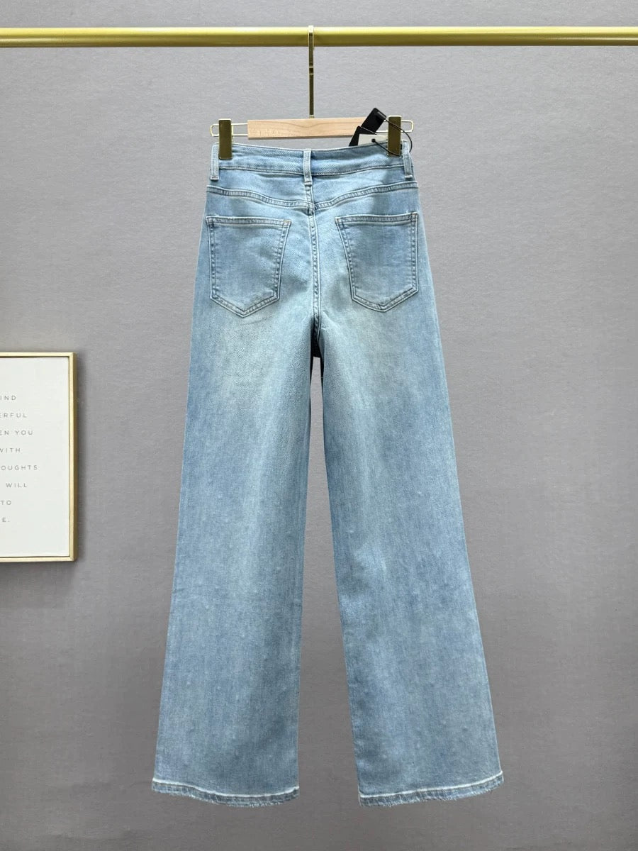 Hollow denim straight pants women's 2025 spring and summer new high waist slim fit ins European goods hot diamond trousers