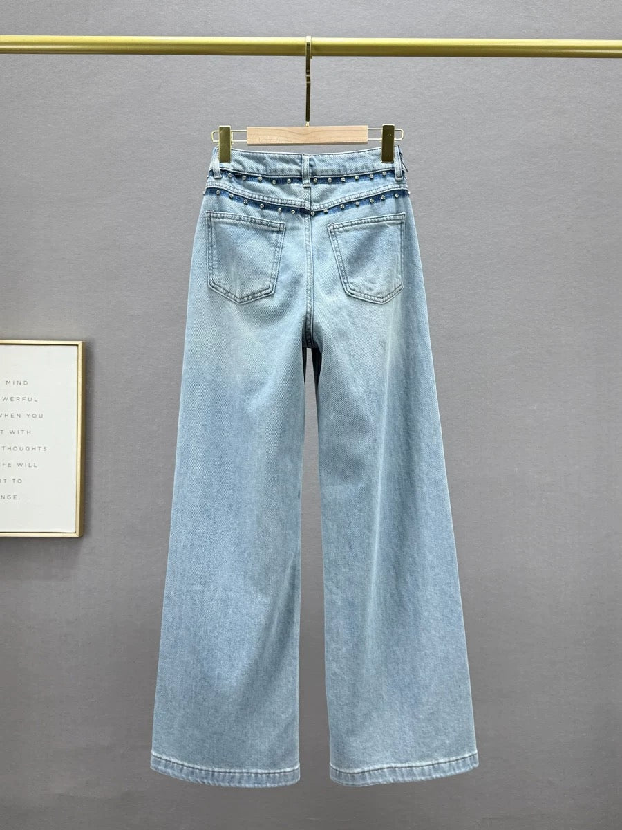 2025 Spring New Diamond Design Denim Wide Leg Pants Women's High Waist Loose Slim European Style Mopping Pants