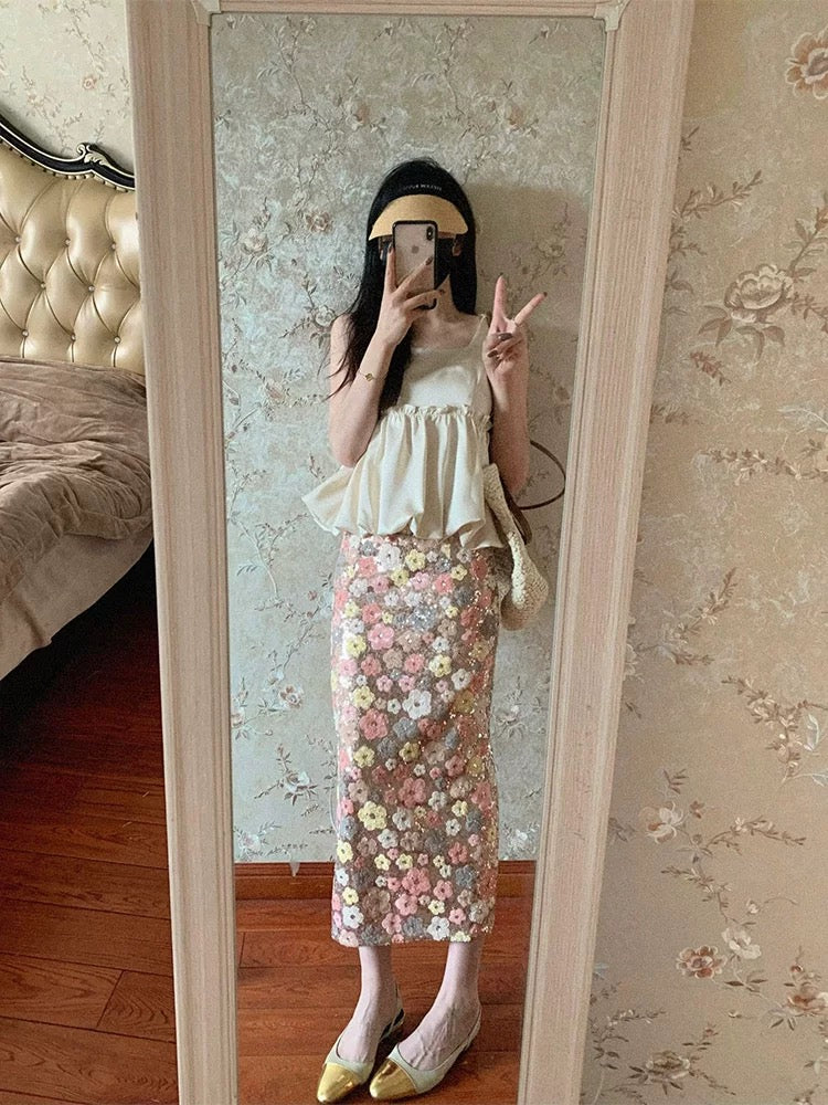 Summer new French sleeveless tops sequined floral skirt salty light mature two-piece suit small people bomb the street