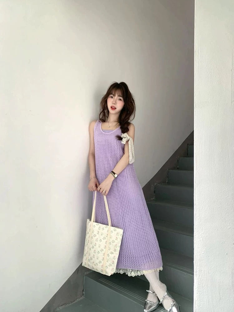 Purple hollow knitted cardigan vest dress for women summer thin outer wear slim seaside holiday style long skirt
