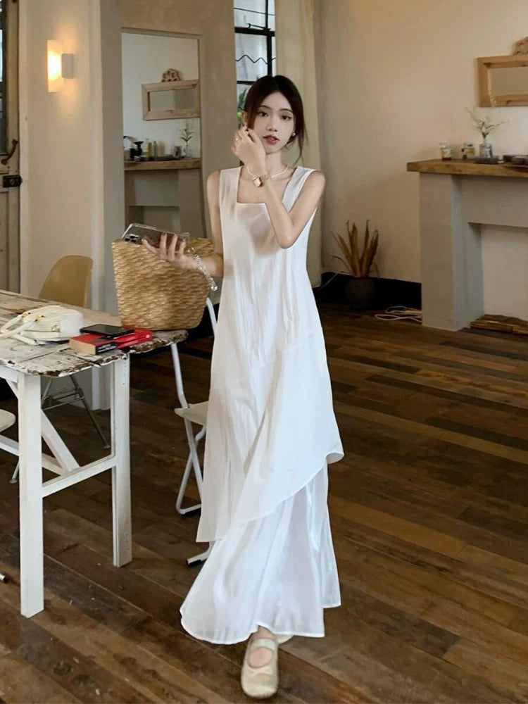 French irregular hem splicing vest dress women's summer temperament design fake two-piece patchwork long skirt