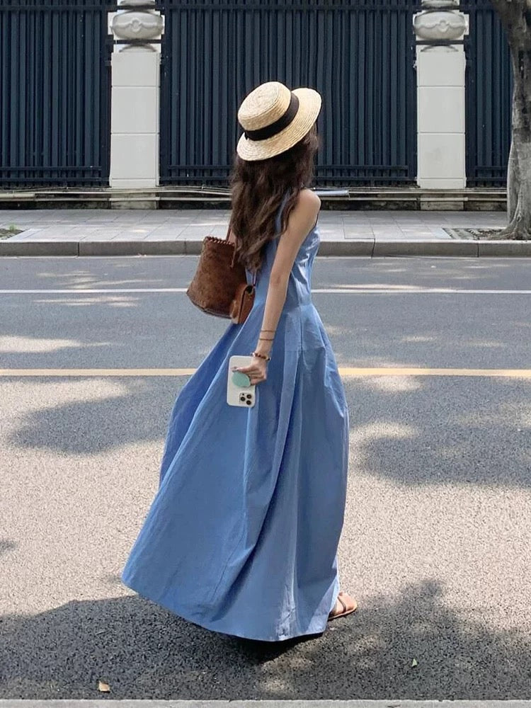 Blue sleeveless vest dress for women summer 2025 new French style small temperament seaside holiday long dress