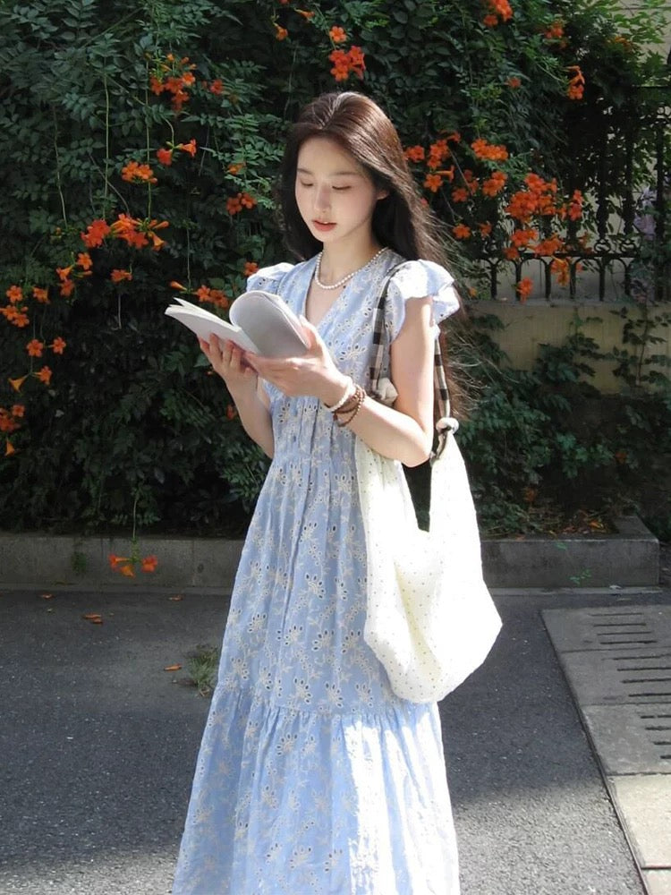 French blue platycodon flying sleeve dress for women summer temperament niche waist medium long style small fresh fairy dress