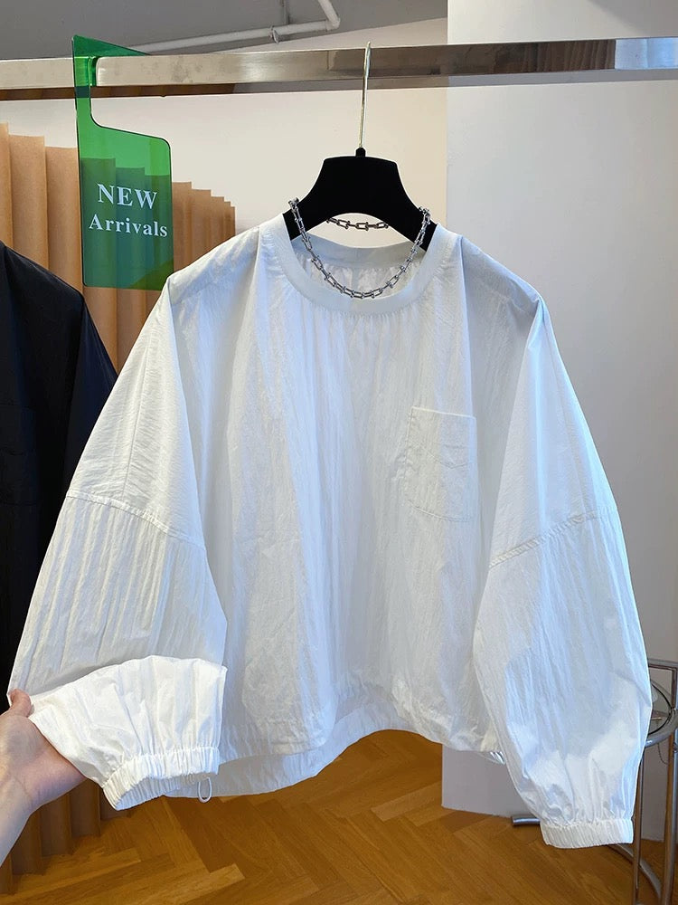 High-grade pleated pullover round neck shirt women's long sleeve 2025 new loose slightly transparent white baby shirt top summer