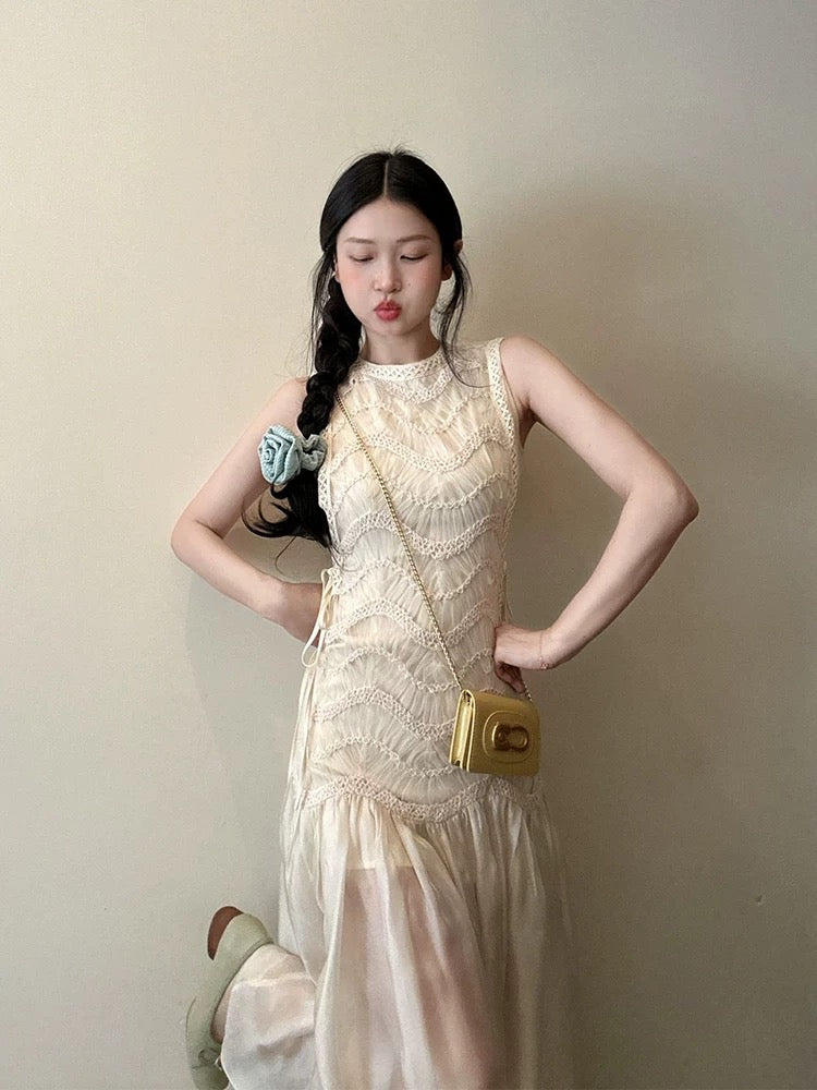 French gentle style mesh splicing vest dress for women in summer wear high-grade waist temperament sleeveless long dress