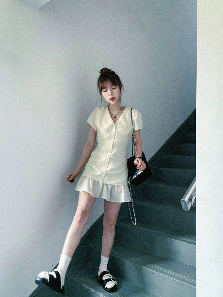 French design ruffled doll collar dress for women in summer with small waist and slimming sweet short skirt