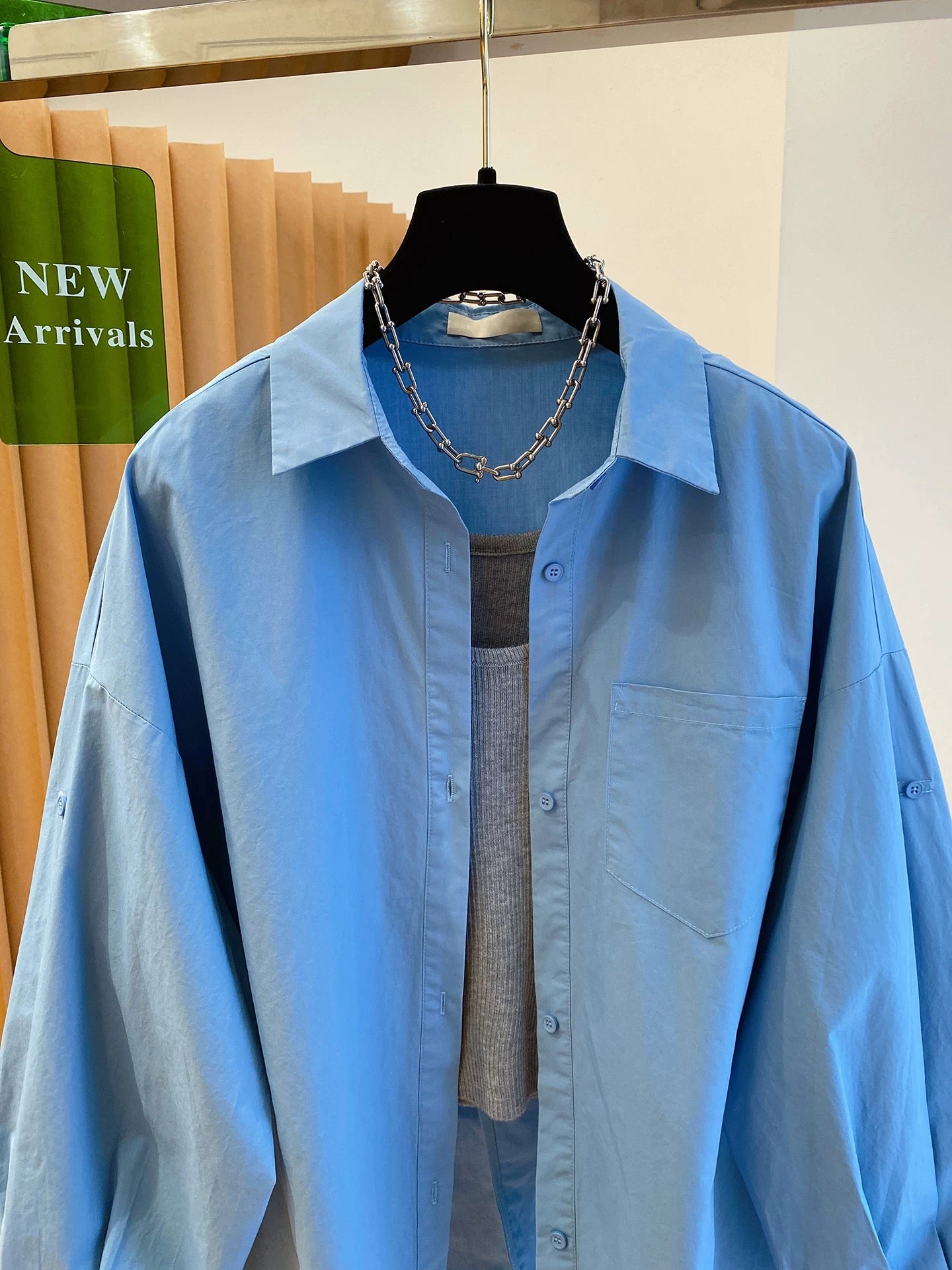 Blue long-sleeved shirt plus small camisole two-piece top female 2025 new loose early autumn atmosphere