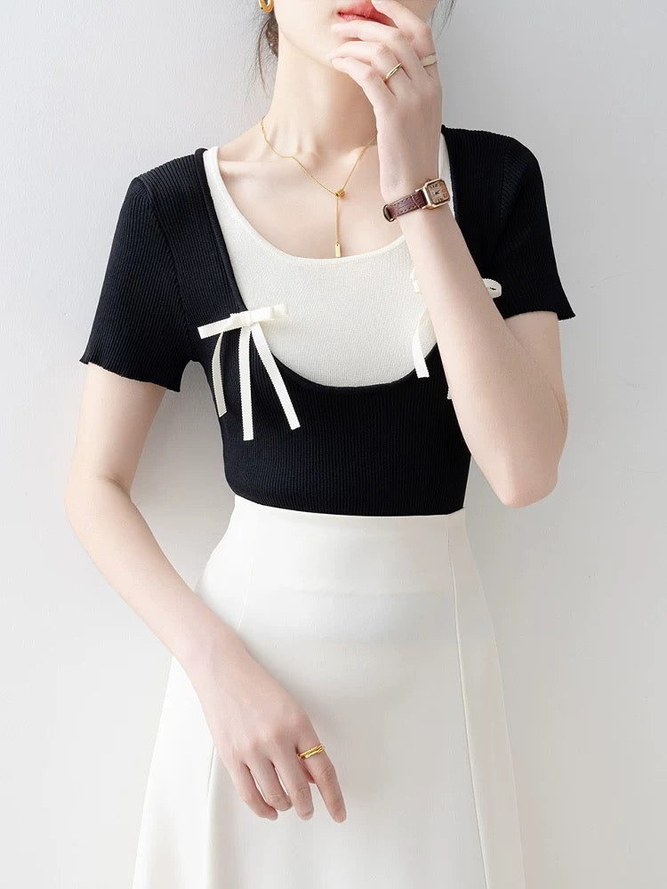 Black round neck sweater short-sleeved T-shirt female 2025 new summer fake two-piece design niche hot girl top