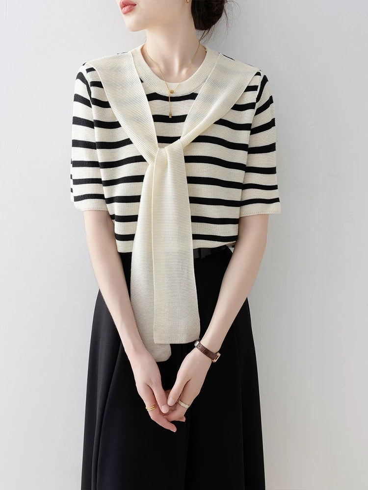 Xiao Xiangfeng apricot round neck striped sweater female 2025 new summer thin shawl fake two-piece short-sleeved top