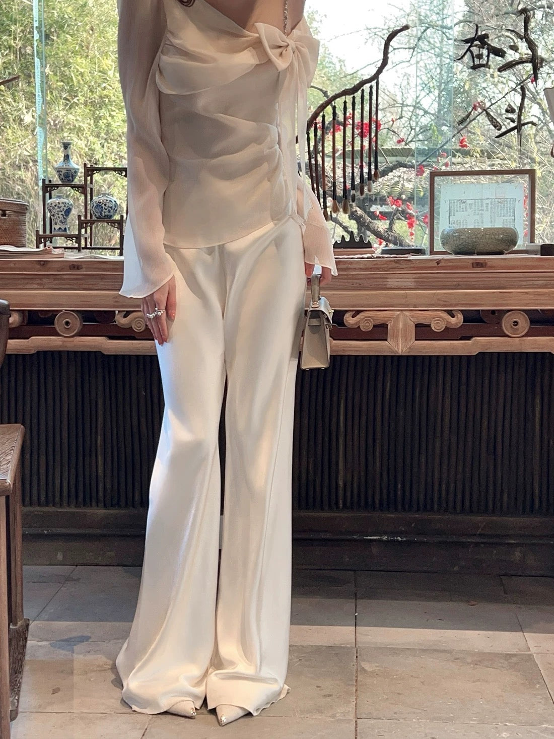 FairyJiang Summer New Style Flowing Satin White Wide-Leg Pants for Women, High Waist, Floor-Length, Loose Casual Pants