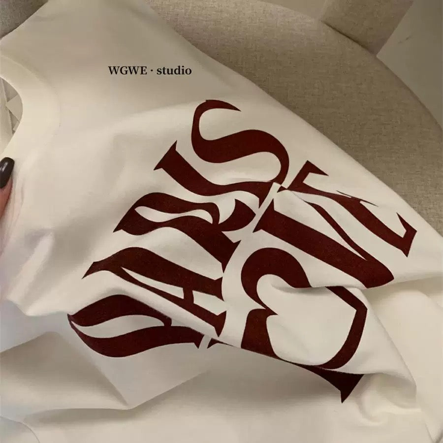 WGWE2025 Spring and Summer Korean Fashion Letter Love Printing All-match Round Neck Loose Short Sleeve Cotton T-shirt Trend