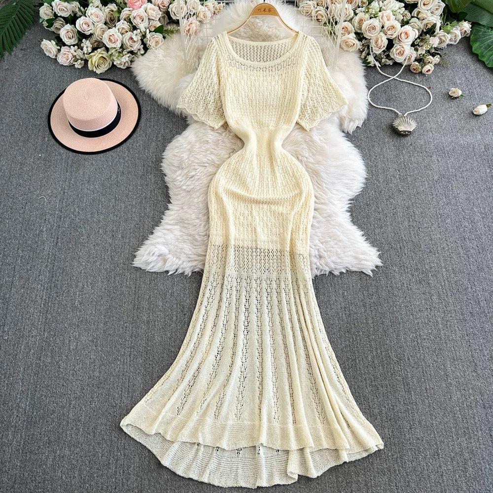 French retro-style openwork knit dress, new summer style, elegant, waist-cinching, slimming, mid-length A-line fishtail skirt.