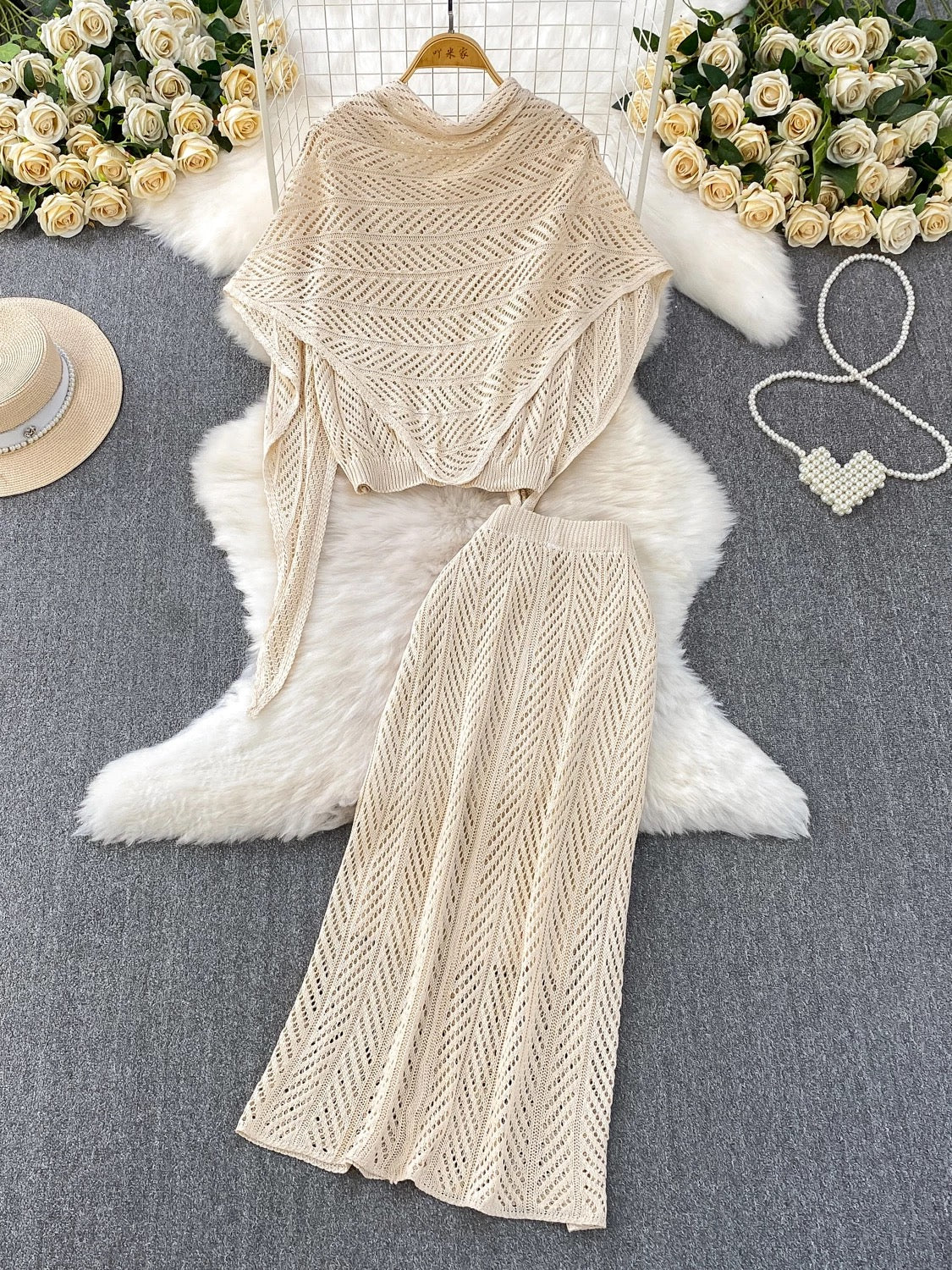 Resort-style breathable openwork knit vest top + elegant shawl with tie + high-waisted slimming skirt three-piece set
