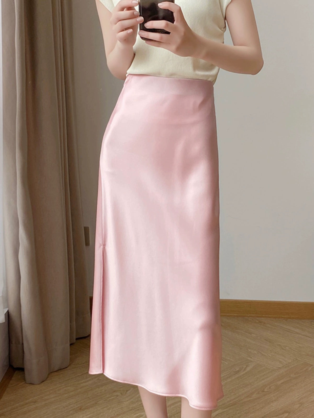 Temperament Pink Acetate Skirt Women's Summer High Waist Slim A-Line Skirt Silky Satin Silk Hip-covering Fishtail Long Skirt
