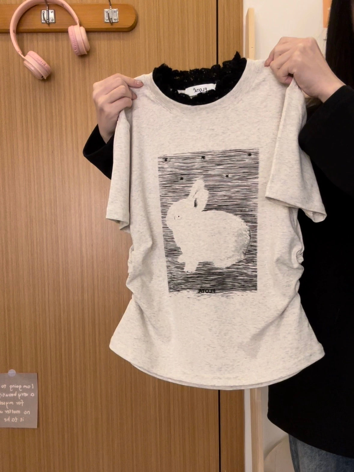 Cream Universe Cartoon Rabbit Lace Front Shoulder Short Sleeve T-Shirt Women's Japanese Style Waistless Short Top Summer New Style